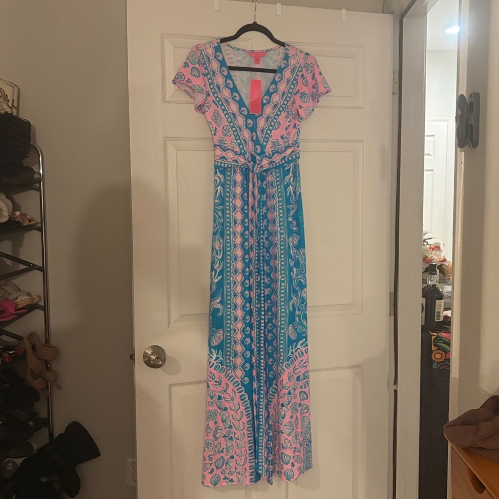 NWT XS Esmarella Lilly Pulitzer turquoise water ya waiting for pink maxi dress - Picture 4 of 4
